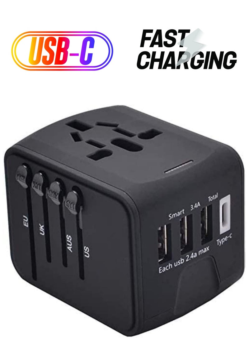 Universal Travel Adapter with Multiple Regional Power Socket Plugs for UK US AU and Plug Adaptor with 3 Ultra Fast USB Charging Port and 1 Brisk USB Type C Port Black - Image 1