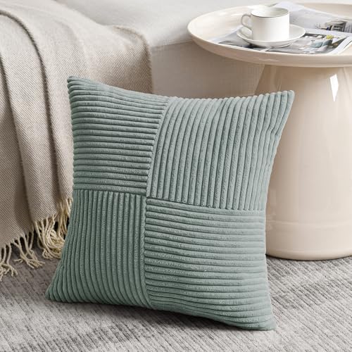 Fancy Homi 2 Packs Grey Blue Samll Decorative Throw Pillow Covers 12x12 Inch with for Couch Bed Sofa Rustic Farmhouse Boho Home Decor Soft Corss Patchwork Corduroy Square Cushion Case 30x30 cm - Image 3
