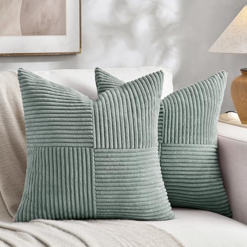 Fancy Homi 2 Packs Grey Blue Samll Decorative Throw Pillow Covers 12x12 Inch with for Couch Bed Sofa Rustic Farmhouse Boho Home Decor Soft Corss Patchwork Corduroy Square Cushion Case 30x30 cm - Image 1