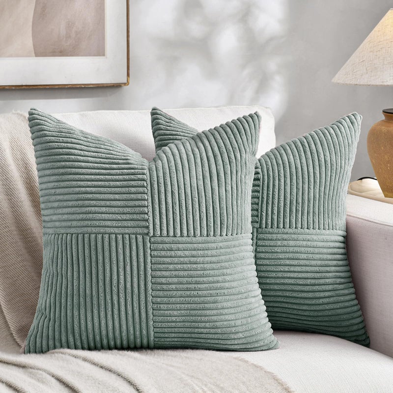 Fancy Homi 2 Packs Grey Blue Samll Decorative Throw Pillow Covers 12x12 Inch with for Couch Bed Sofa Rustic Farmhouse Boho Home Decor Soft Corss Patchwork Corduroy Square Cushion Case 30x30 cm - Image 2