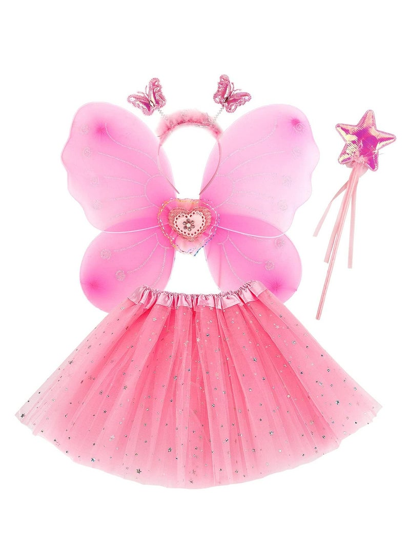 CMGTYYD Dress Up Wings, Girls Fairy Costume Fancy Dress Up Butterfly Costume Sets, Fairy Costume Set for Girls Tutu Skirt Butterfly Wing Headband and Fairy Stick(Pink) - Image 1
