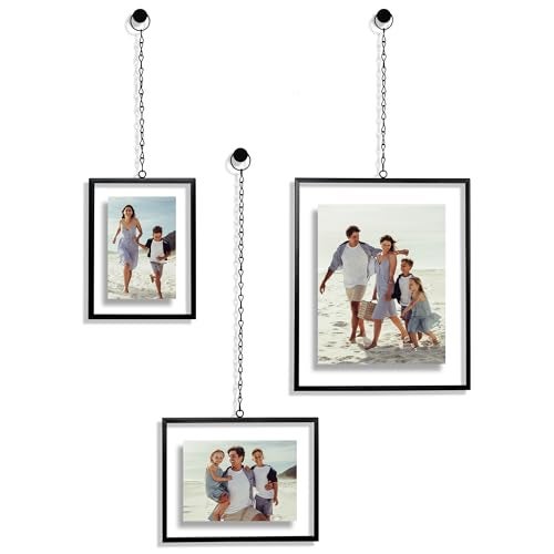 Americanflat Metal Floating Frame with Chain Set of 3 Use as 8x10 5x7 or 4x6 Frame Pressed Flower Display for Wall Decor Elegant Black Molding with ShatterResistant Glass - Image 1