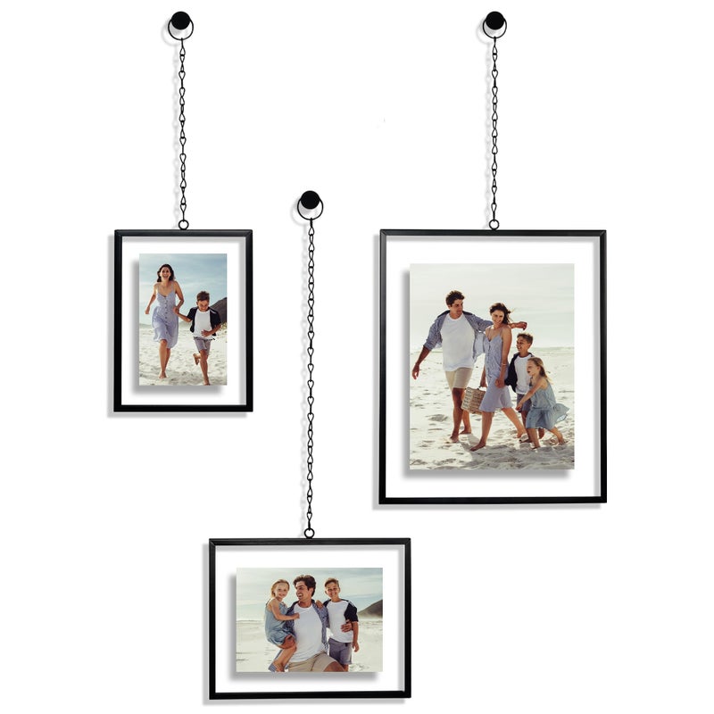 Americanflat Metal Floating Frame with Chain Set of 3 Use as 8x10 5x7 or 4x6 Frame Pressed Flower Display for Wall Decor Elegant Black Molding with ShatterResistant Glass - Image 2
