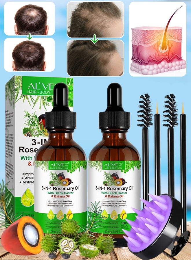 ALIVER 2 Pcs 3 In 1 Rosemary Oil with Black Castor Oil & Batana Oil with Hair Scalp Massager Brush for Hair Growth Pure Organic Rosemary Oil for Dry Damaged Hair and Growth Hair Scalp Oil Hair Loss Treatment - Image 1