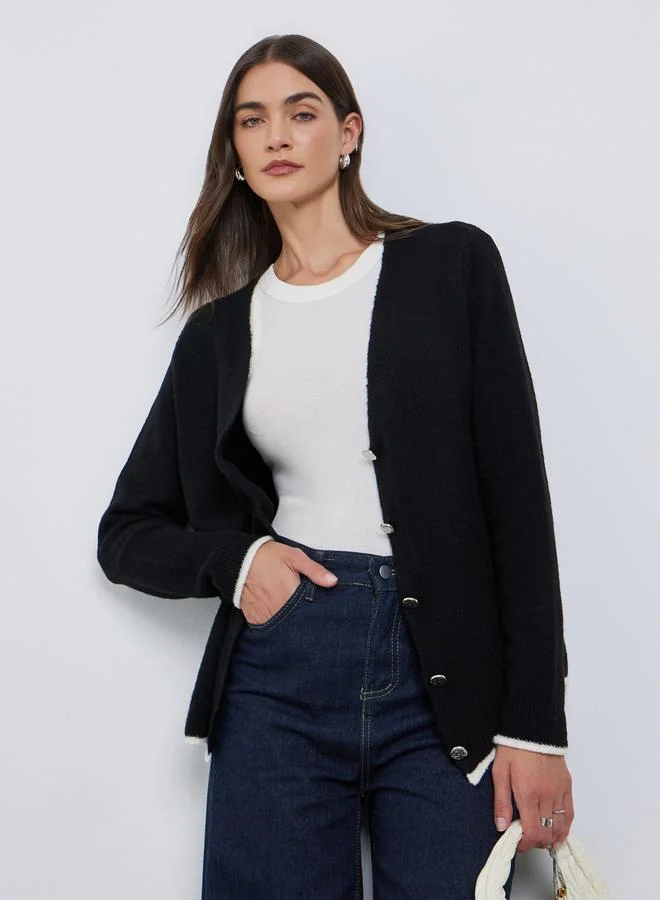 Styli Styli Black Regular Fit Buttoned Knit Cardigan