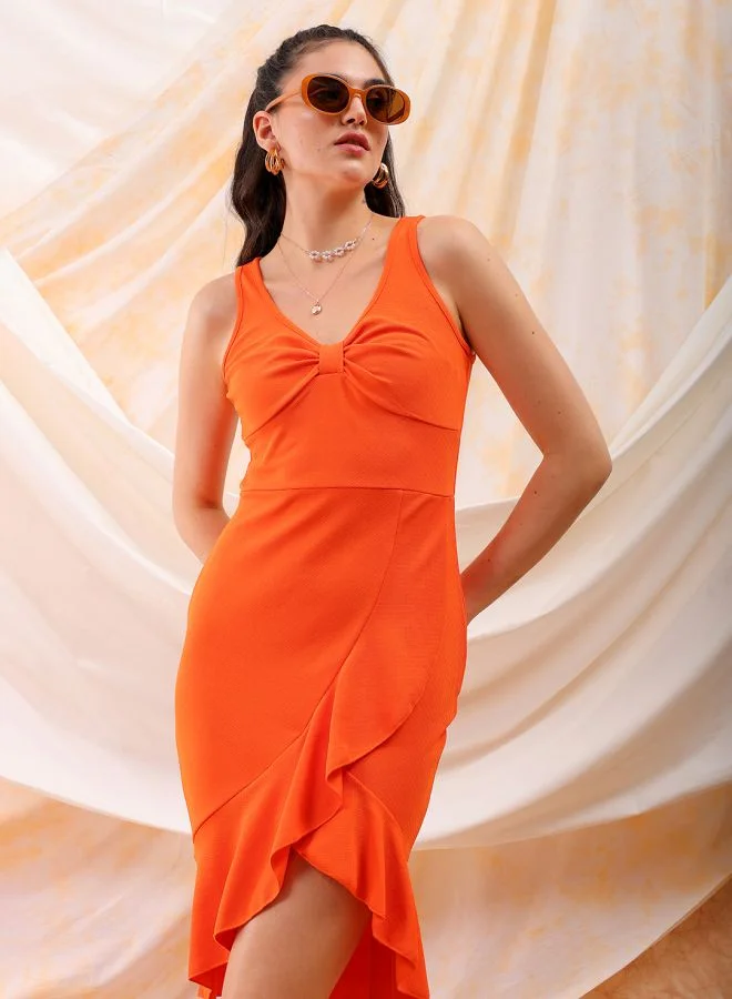 Freehand Women Fitted Party Wear Textured Ruffle Dress