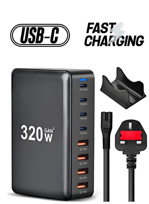 320W USB C Charger 8 Port Super Fast Charging Station, Type C PD Charger Adapter Compatible with all laptops, Mobile Phones, Samsung, iPad, iPhone 16 15 14 13 12 Pro Max