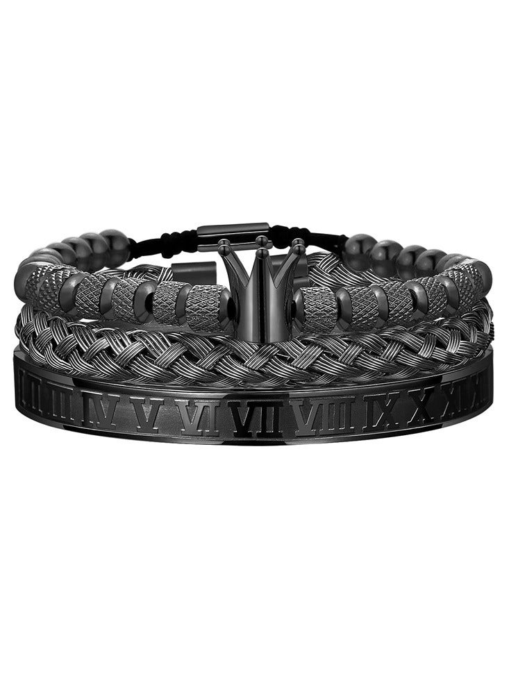 Luxury 3Pcs Black Crown Stainless Steel Bracelet Set with Roman Numerals - Men Jewelry Gifts Black - Image 1