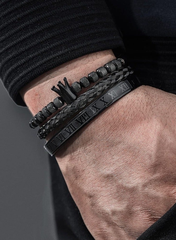 Luxury 3Pcs Black Crown Stainless Steel Bracelet Set with Roman Numerals - Men Jewelry Gifts Black - Image 4