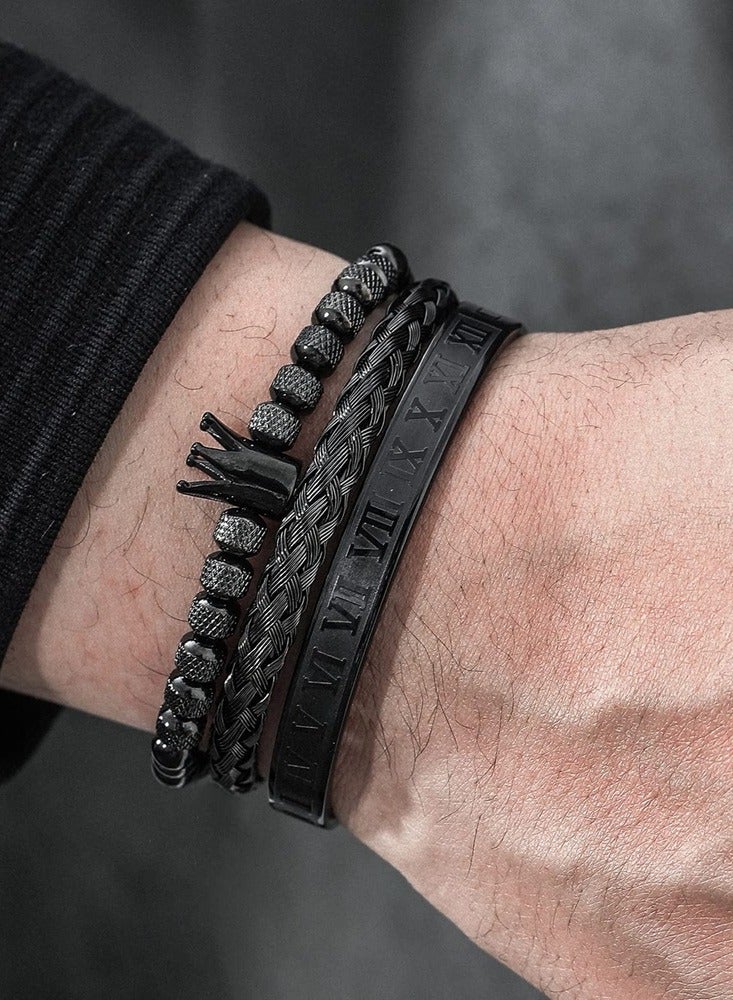 Luxury 3Pcs Black Crown Stainless Steel Bracelet Set with Roman Numerals - Men Jewelry Gifts Black - Image 5