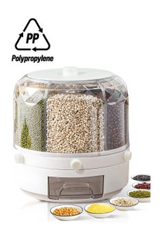 Excefore Grain Dispenser, Grain and Rice Storage Container Kitchen, 360° Rotating 6 Grid Grain Dispenser, Rotating Dry Food Dispenser for Lentils, Small Beans, Barley, Millets, White  - Image 1