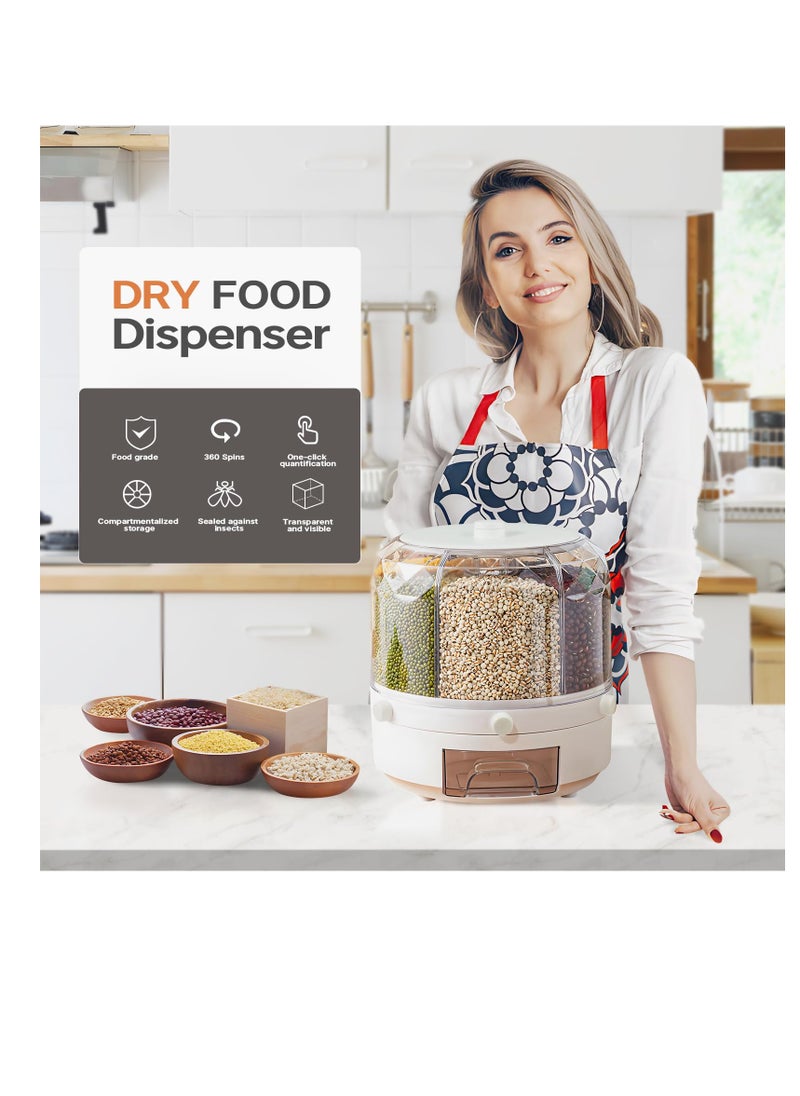 Excefore - Grain Dispenser, Grain and Rice Storage Container Kitchen, 360° Rotating 6 Grid Grain Dispenser, Rotating Dry Food Dispenser for Lentils, Small Beans, Barley, Millets, White - Image 1
