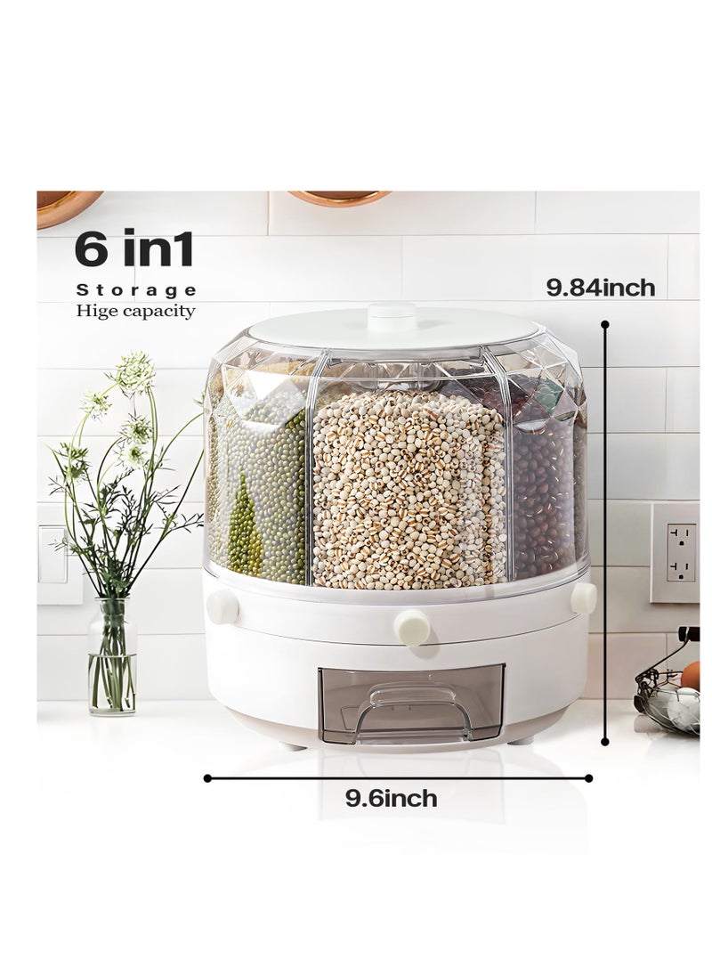 Excefore - Grain Dispenser, Grain and Rice Storage Container Kitchen, 360° Rotating 6 Grid Grain Dispenser, Rotating Dry Food Dispenser for Lentils, Small Beans, Barley, Millets, White - Image 1