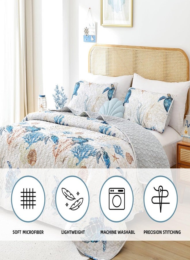 weigelia Coastal Quilt Set Queen Size - Sea Turtle Ocean Print Lightweight Soft Microfiber Summer Comforter with 2 Pillow Cases - Beach Bedding Coverlet Decor for All Seasons, Bedroom & Guest Room - Image 3