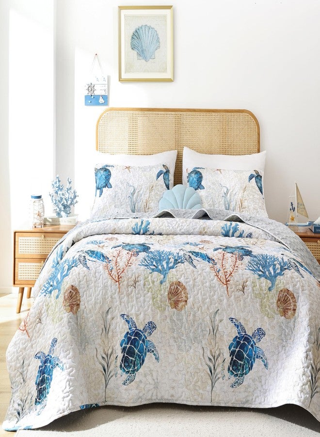 weigelia Coastal Quilt Set Queen Size - Sea Turtle Ocean Print Lightweight Soft Microfiber Summer Comforter with 2 Pillow Cases - Beach Bedding Coverlet Decor for All Seasons, Bedroom & Guest Room - Image 1