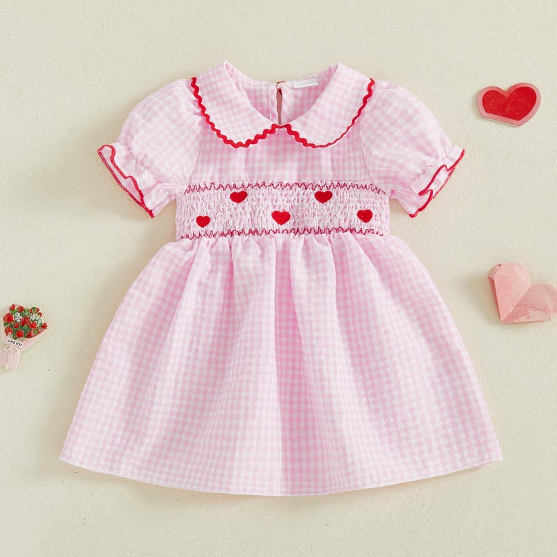 Honganda Toddler Baby Girl Valentine's Day Outfit Puff Sleeve Doll Collar Heart Smocked Dress Summer Plaid Princess Dresses (Pink, 12-18 Months) - Image 3