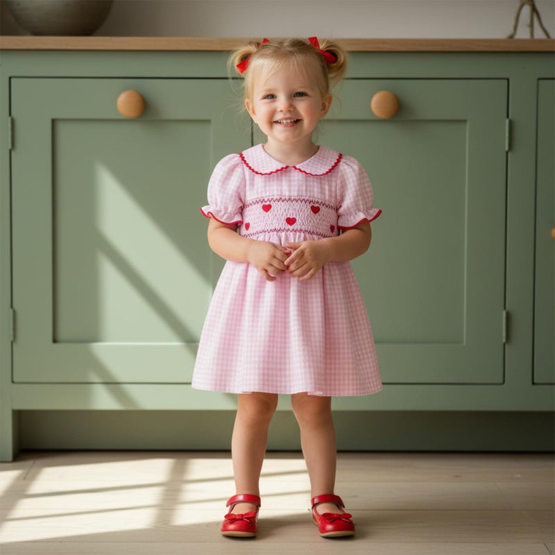 Honganda Toddler Baby Girl Valentine's Day Outfit Puff Sleeve Doll Collar Heart Smocked Dress Summer Plaid Princess Dresses (Pink, 12-18 Months) - Image 2