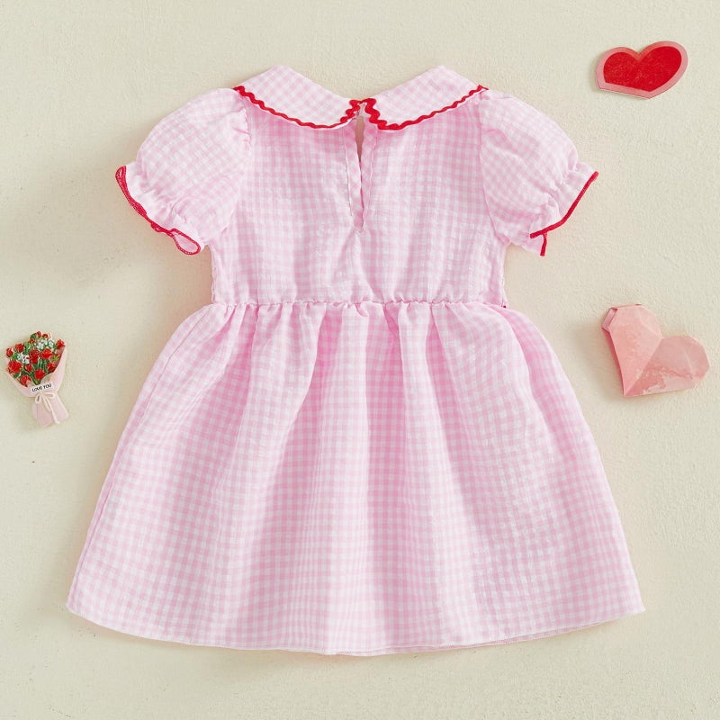 Honganda Toddler Baby Girl Valentine's Day Outfit Puff Sleeve Doll Collar Heart Smocked Dress Summer Plaid Princess Dresses (Pink, 12-18 Months) - Image 5