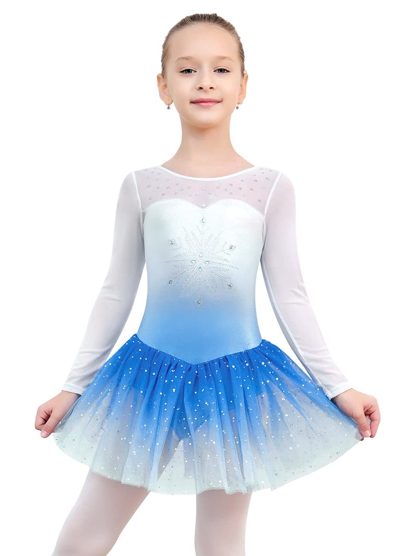 EQSJIU Long Sleeve Dance Leotard for Girls Sparkly Snowflake Ballet Dress Toddler Tutu Skirted Leotard Outfits for Girls, Ls Blue, 3-4 years - Image 1