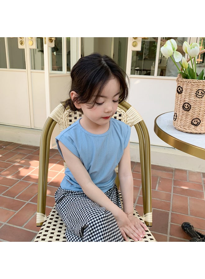 Boys And Girls Summer Thin Solid Color Rolled Sleeve Short Sleeve Top Base Shirt Children's Sleeveless Vest T-shirt Tank Top