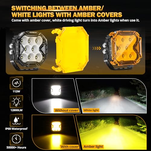 Auxbeam Cube-Z Series 4" Led Pods with Amber Covers, 112W 12800LM Flood Offroad Driving Lights with DRL Turn Signal, Cube Ditch Lights with DT Wiring Harness for Jeep Offroad ATV UTV, Pair - Image 5