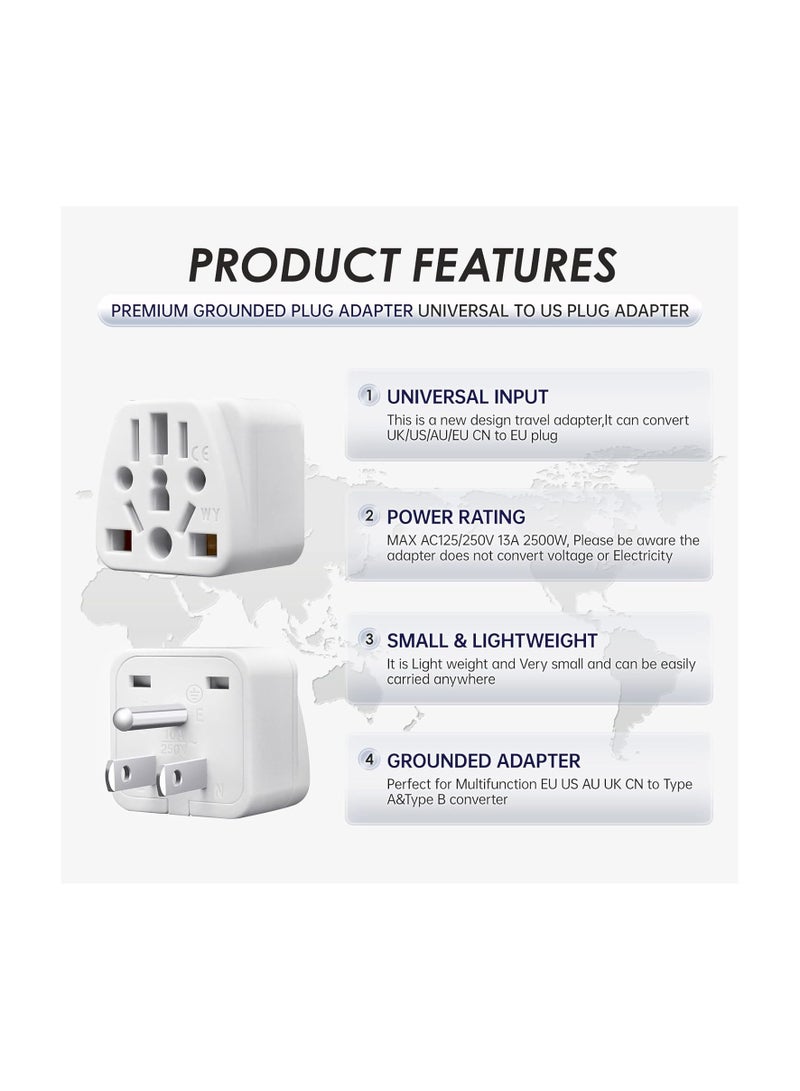 VIUAUAX World to US Travel Adapter (3-Pack), White Universal 3-Prong Power Solution - Converts EU/JP/AU/UK/CN to US, Safe & Versatile Wall Charger for Smartphones, Laptops & More - Stylish Design。WY-5 American Adapter, Two Flat and One Round Multi-Function Jacks. - Image 5