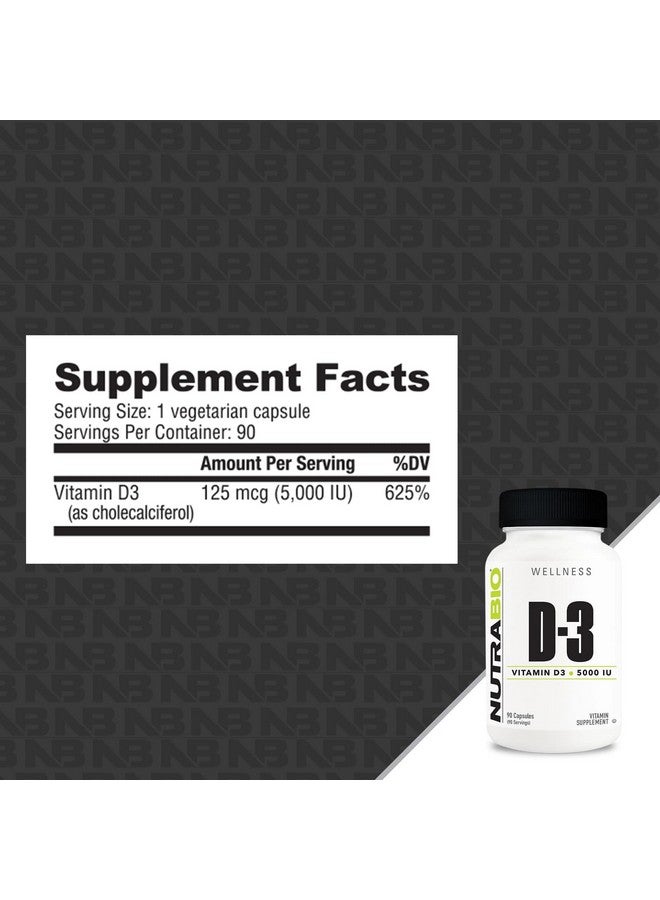 NutraBio Vitamin D (5000 IU), Immune Support - 90 Vegetable Capsules - Image 2