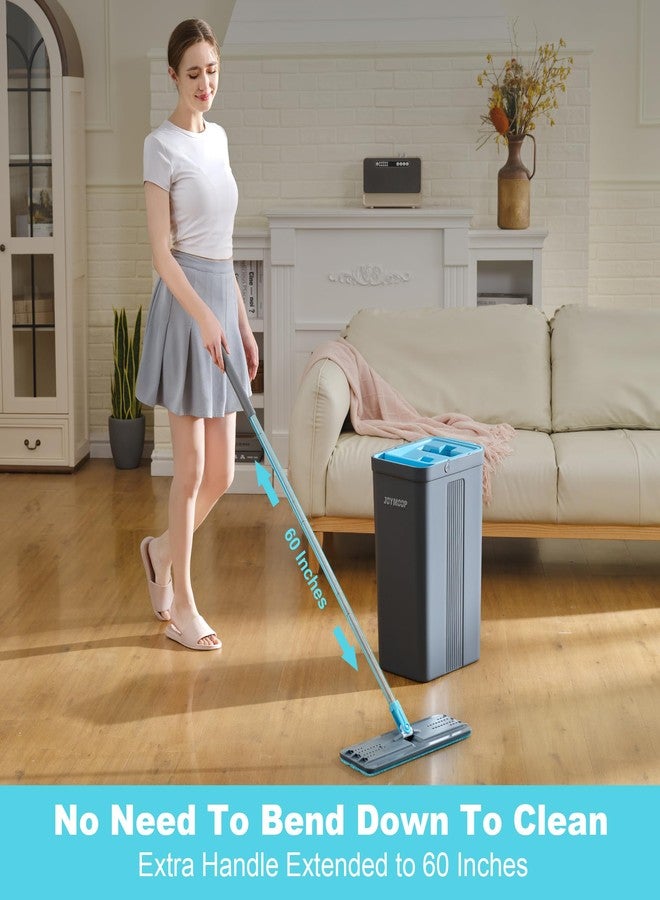JOYMOOP Mop and Bucket Set with Wringer, Mops for Floor Cleaning, Wall Mop Cleaner with Long Handle, with 4 Reusable Microfiber Mop Pads - Grey+Cyan Blue - Image 4