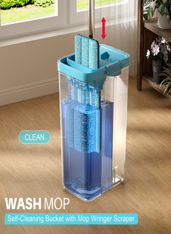 JOYMOOP Mop and Bucket Set with Wringer, Mops for Floor Cleaning, Wall Mop Cleaner with Long Handle, with 4 Reusable Microfiber Mop Pads - Grey+Cyan Blue - Image 2