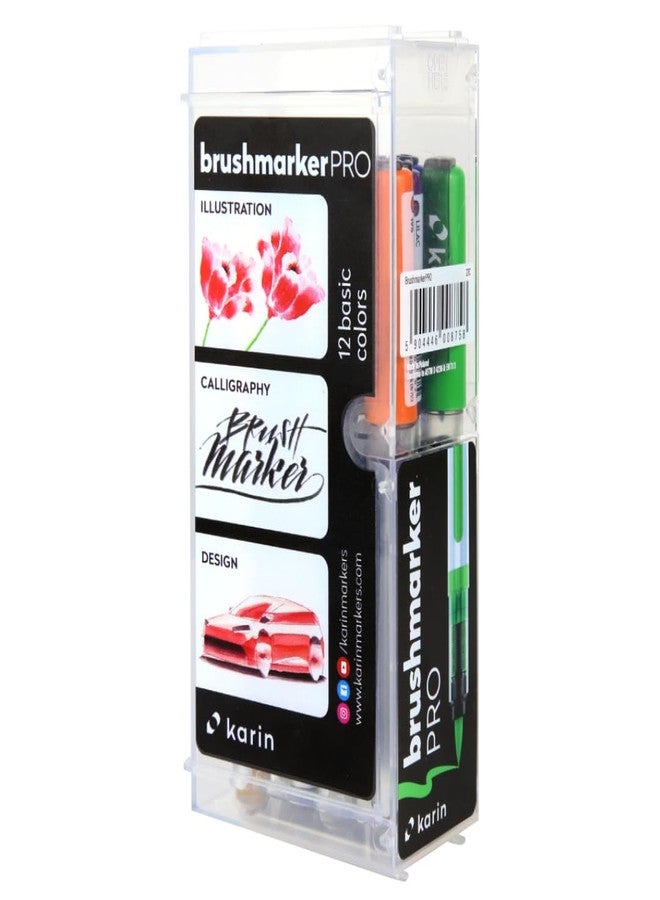 Karin Brushmarker Pro 12pc Basic Colors brush tip markers Set, Blendable, Water-Based, Professional Grade Brush Markers for Adults and Artists, 12 Basic Colors, Adult Markers for Coloring Books - Image 1