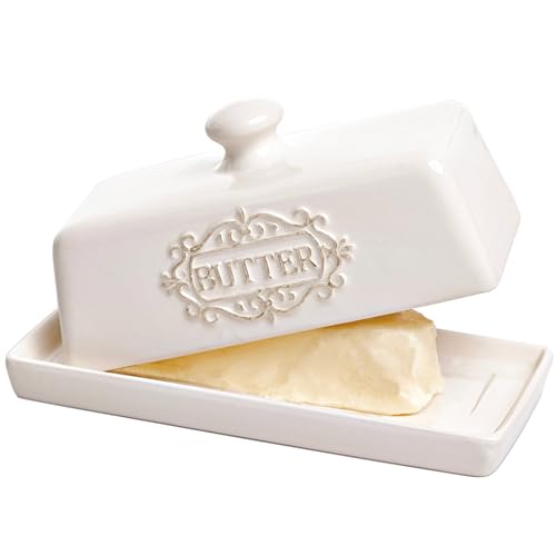 25DOL Covered Butter Dish with Lid - Elegant Engraved Butter Holder with Lid - Ceramic Butter Stick Holder Tray Holds Any Size Stick - Decorative Butter Keeper Container for Countertop & Fridge - 7.7" x 4" - Image 1