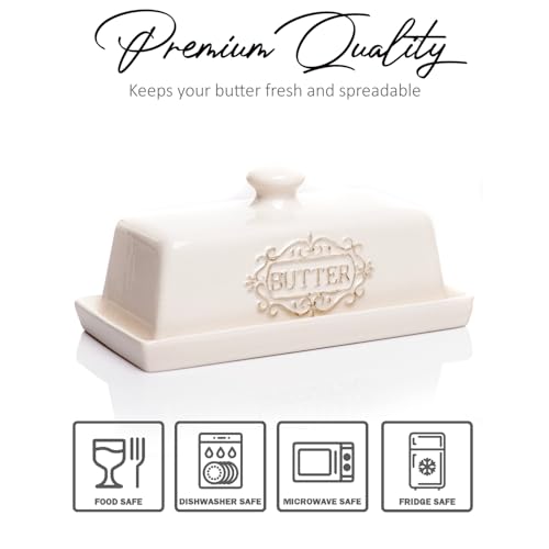 25DOL Covered Butter Dish with Lid - Elegant Engraved Butter Holder with Lid - Ceramic Butter Stick Holder Tray Holds Any Size Stick - Decorative Butter Keeper Container for Countertop & Fridge - 7.7" x 4" - Image 2