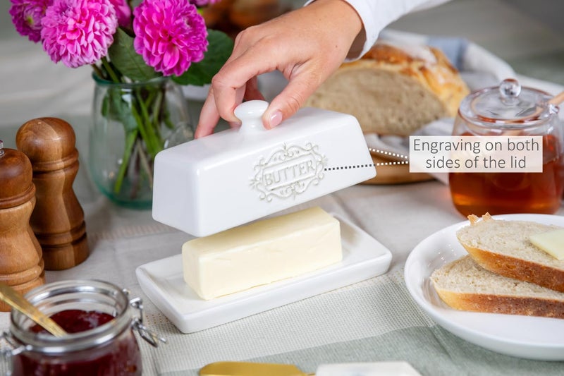 25DOL Covered Butter Dish with Lid - Elegant Engraved Butter Holder with Lid - Ceramic Butter Stick Holder Tray Holds Any Size Stick - Decorative Butter Keeper Container for Countertop & Fridge - 7.7" x 4" - Image 3