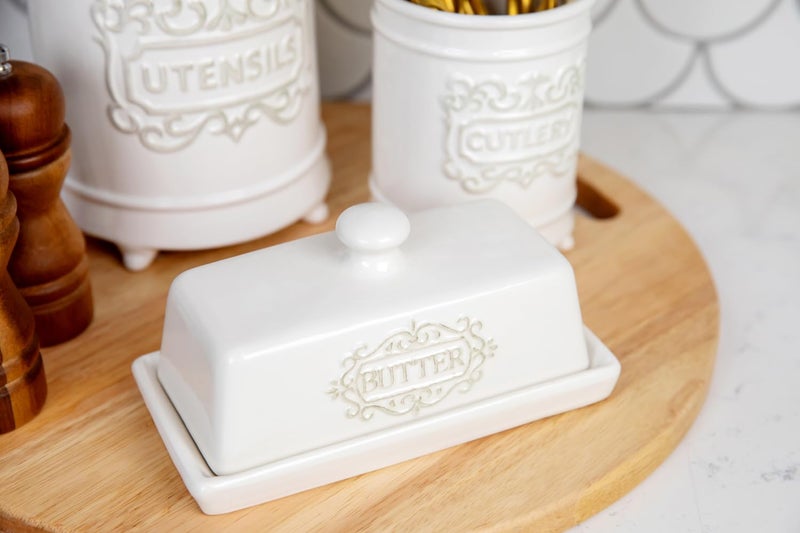 25DOL Covered Butter Dish with Lid - Elegant Engraved Butter Holder with Lid - Ceramic Butter Stick Holder Tray Holds Any Size Stick - Decorative Butter Keeper Container for Countertop & Fridge - 7.7" x 4" - Image 5