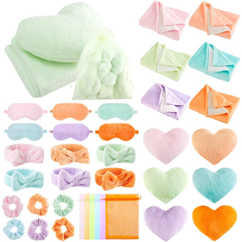 Fanfanwin 36 Pcs Sleepover Party Supplies for Girl Spa Slumber Birthday Favors Throw Blanket Pillow Eye Mask Headband Scrunchies (Solid Color,Macron Color) - Image 1