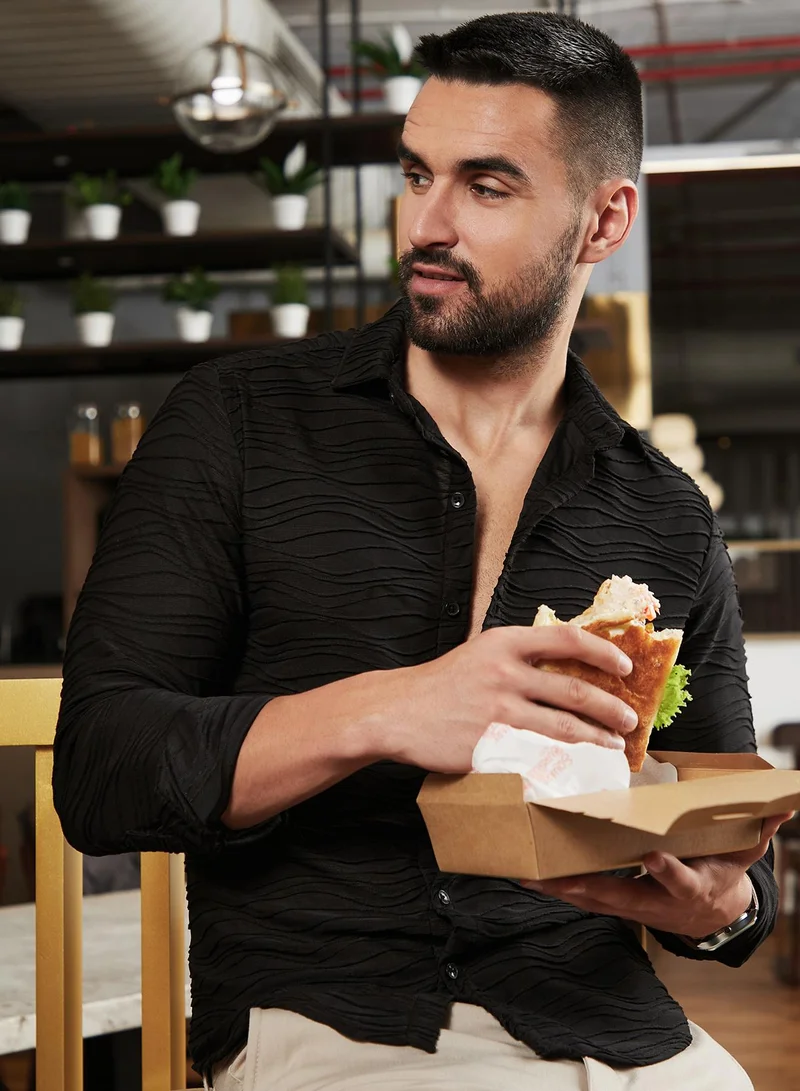 Campus Sutra Men's Midnight Black Self-Design Wave Shirt For Casual Wear | Spread Collar | Long Sleeves | Button Closure | Shirt Crafted With Comfort Fit For Everyday Wear