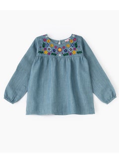 Knit top with emb at yoke & hem