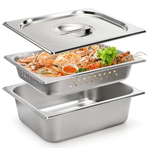 Kingrol 3 Pack 12 Steam Table Pan 4 Inch Deep Half Size Stainless Steel Hotel Pans with Lid Perforated Steam Pan Chafing Pans for Buffets Catering and Commercial Kitchens - Image 1