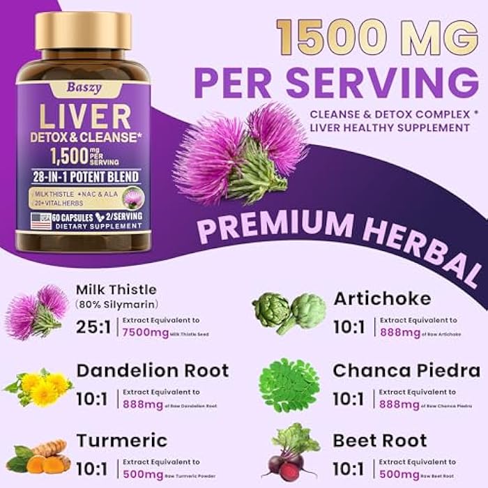 Baszy 28-in-1 Liver Cleanse Detox & Repair - 1500mg Liver Health Support with Milk Thistle, Dandelion Root, Artichoke Extract, and 20+ Herbal Liver Support Supplements - Made in USA - 60 Capsules - Image 3