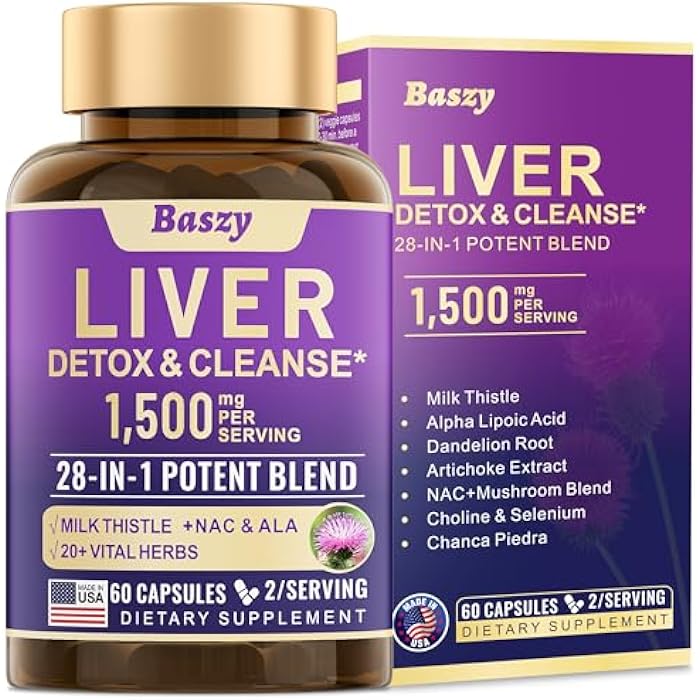 Baszy 28-in-1 Liver Cleanse Detox & Repair - 1500mg Liver Health Support with Milk Thistle, Dandelion Root, Artichoke Extract, and 20+ Herbal Liver Support Supplements - Made in USA - 60 Capsules - Image 1