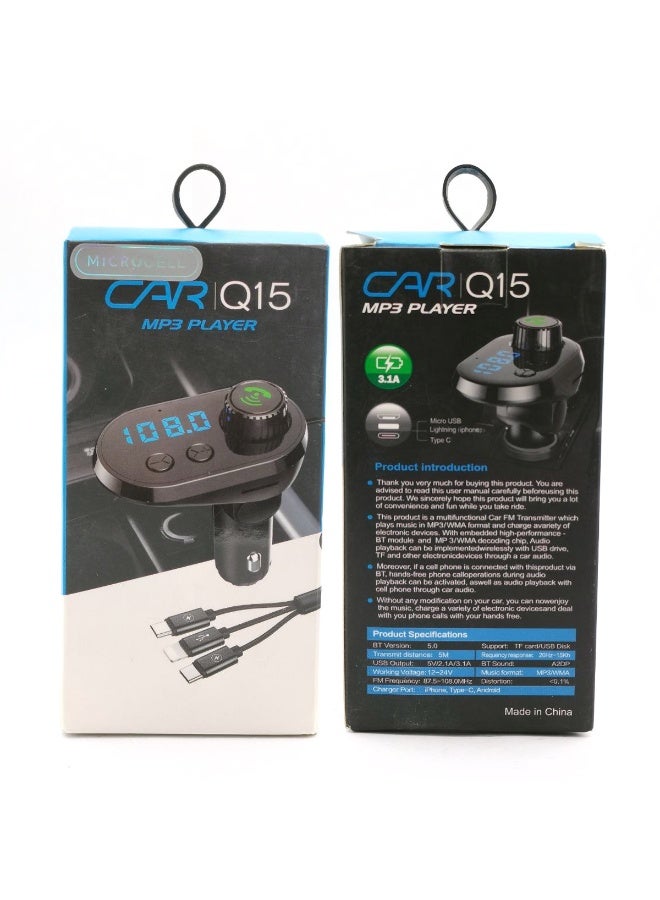 Bluetooth 5.0 Car FM Transmitter with Dual USB, 3.1A Fast Charging, U Disk & TF Card Support, Hands-Free Calling, LED Display, Multi-Device Charging Cable - Image 3