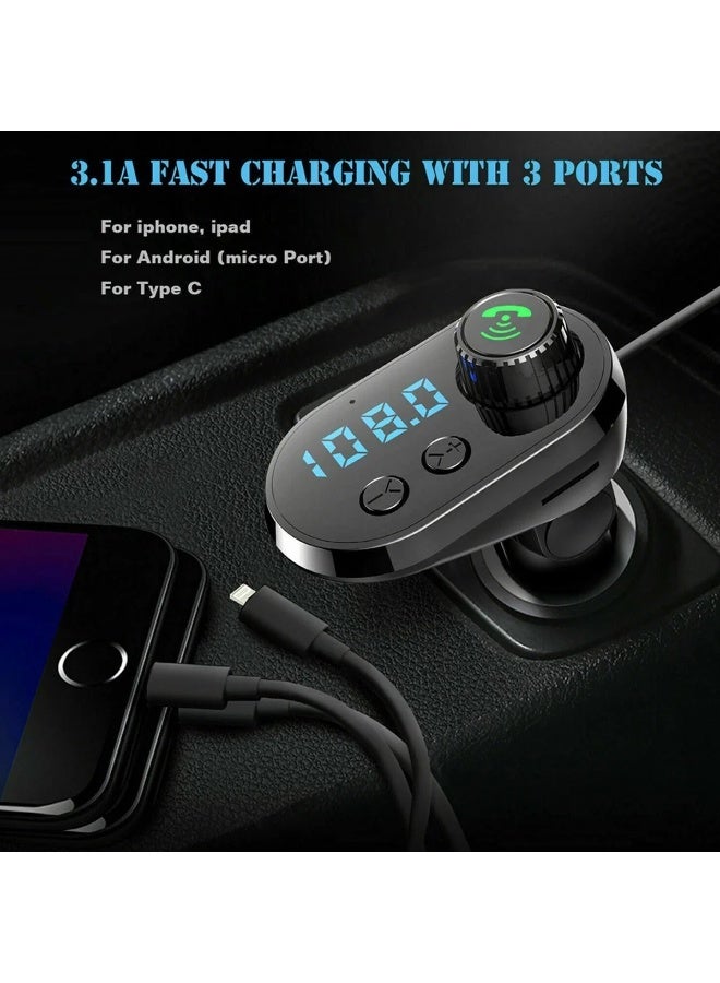 Bluetooth 5.0 Car FM Transmitter with Dual USB, 3.1A Fast Charging, U Disk & TF Card Support, Hands-Free Calling, LED Display, Multi-Device Charging Cable - Image 5