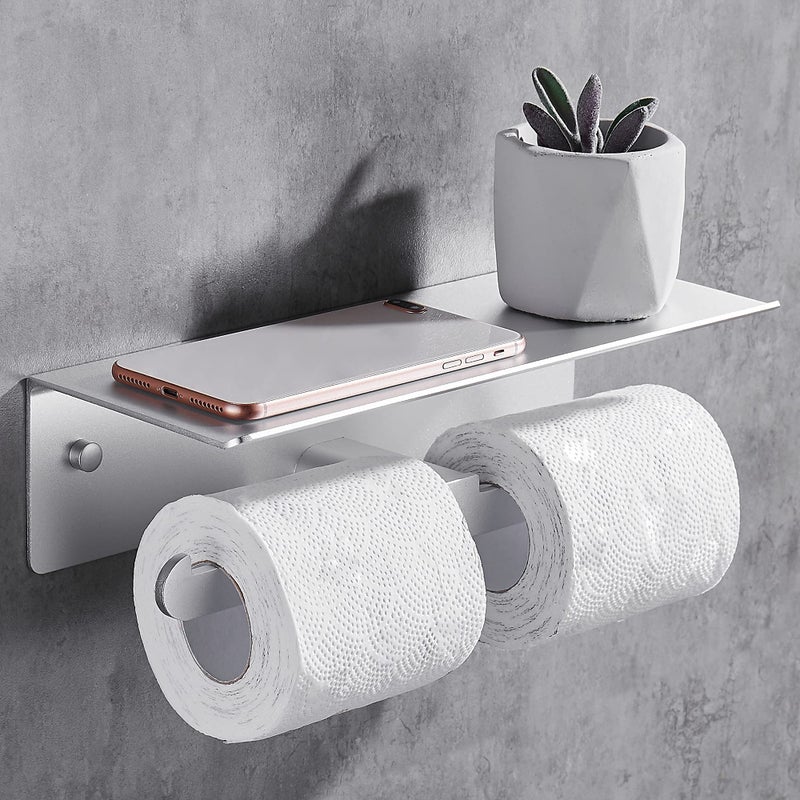 Gricol Double Toilet Paper Holder with Shelf Wall Mount Dual Self Adhesive Roll Tissue Holder for Mobile Phone Storage Aluminum Rustproof Commercial Toilet Paper Dispenser