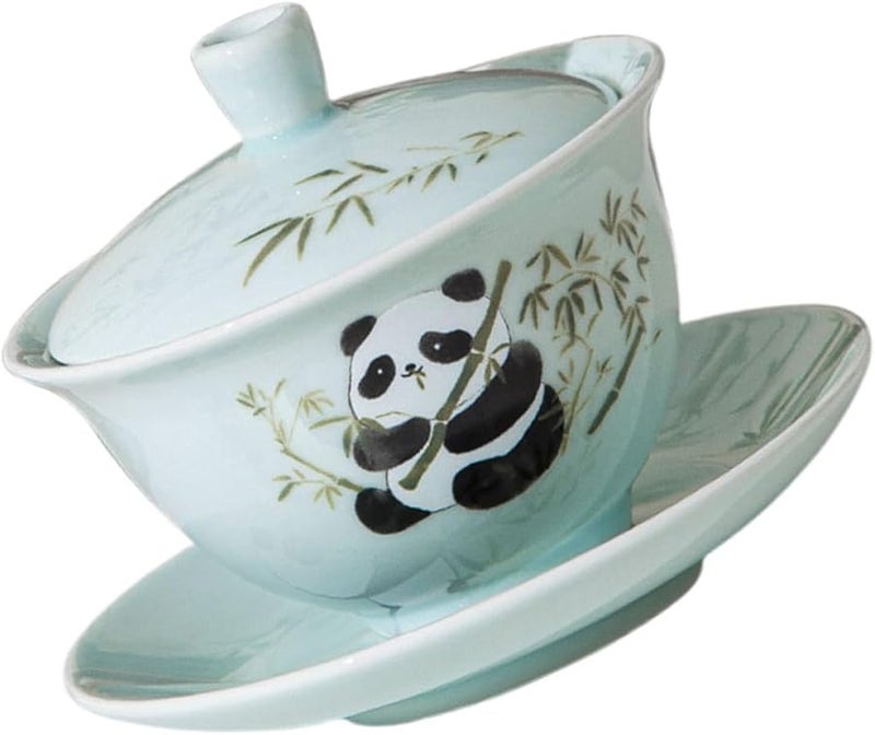 Light Green Ceramic Tea Cup Set With Lid Panda Mug For Tea Brewing Home Kitchen - Image 1