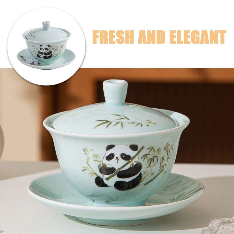 Light Green Ceramic Tea Cup Set With Lid Panda Mug For Tea Brewing Home Kitchen - Image 4