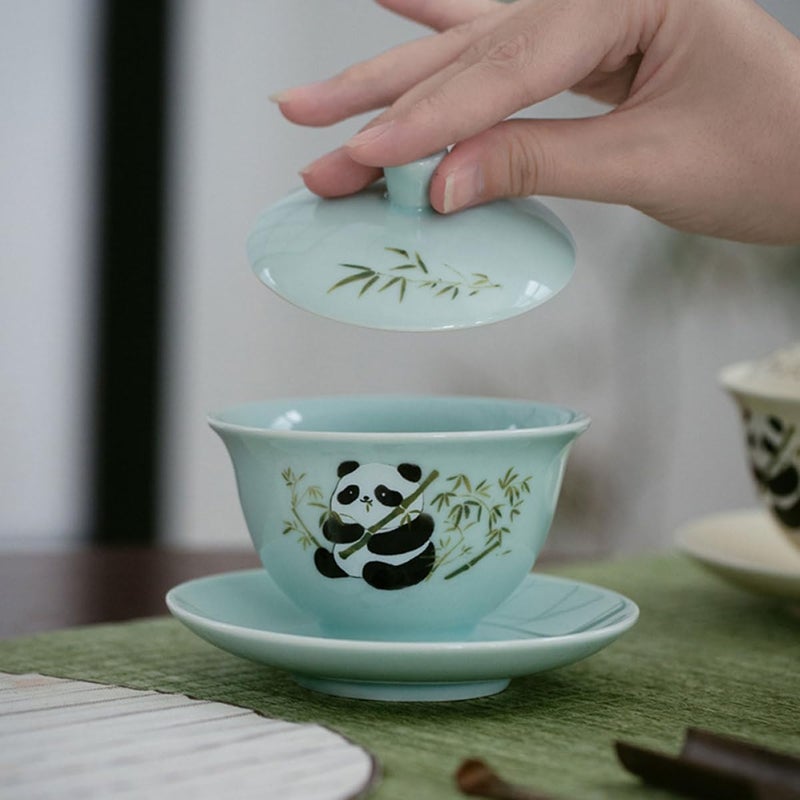 Light Green Ceramic Tea Cup Set With Lid Panda Mug For Tea Brewing Home Kitchen - Image 5