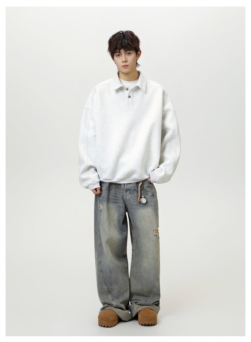 NIBEMINENT Men's Oversized Collar Sweatshirt Vintage Button Placket Long Sleeve Polo Pullover Loose Fit Streetwear Top - Image 4