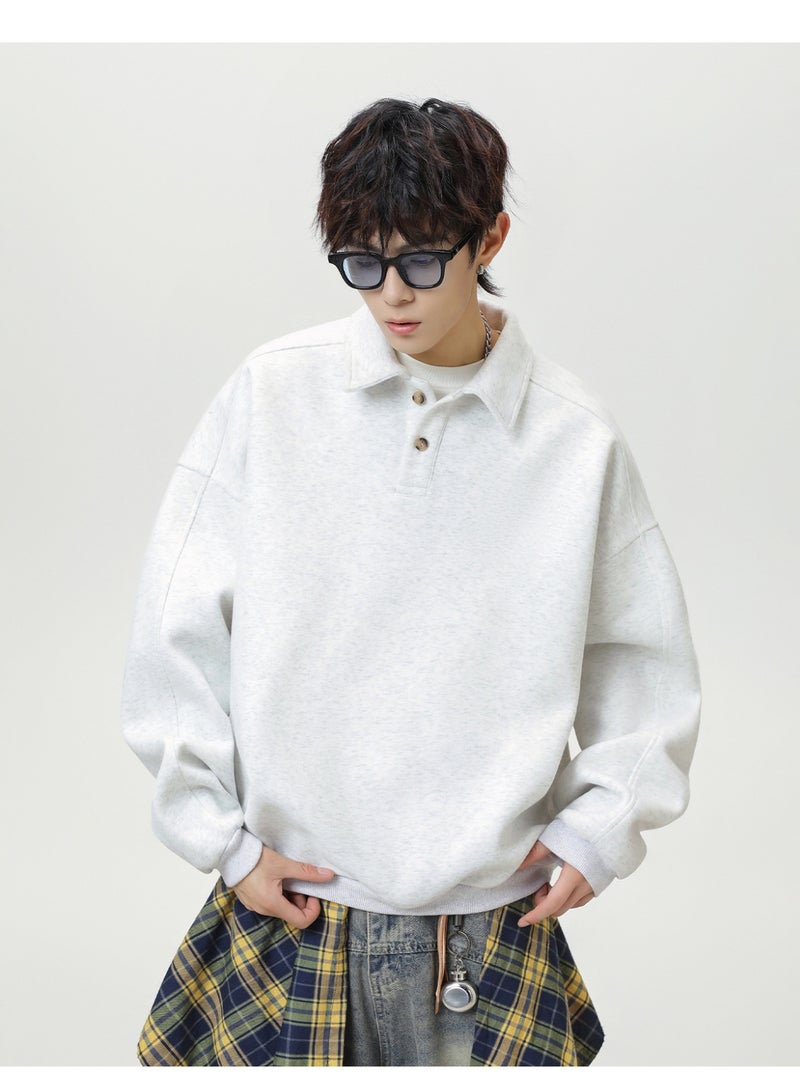 NIBEMINENT Men's Oversized Collar Sweatshirt Vintage Button Placket Long Sleeve Polo Pullover Loose Fit Streetwear Top - Image 3