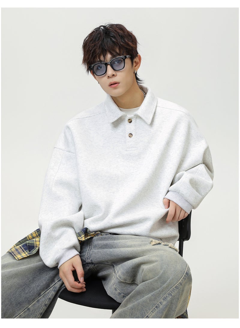 NIBEMINENT Men's Oversized Collar Sweatshirt Vintage Button Placket Long Sleeve Polo Pullover Loose Fit Streetwear Top - Image 2