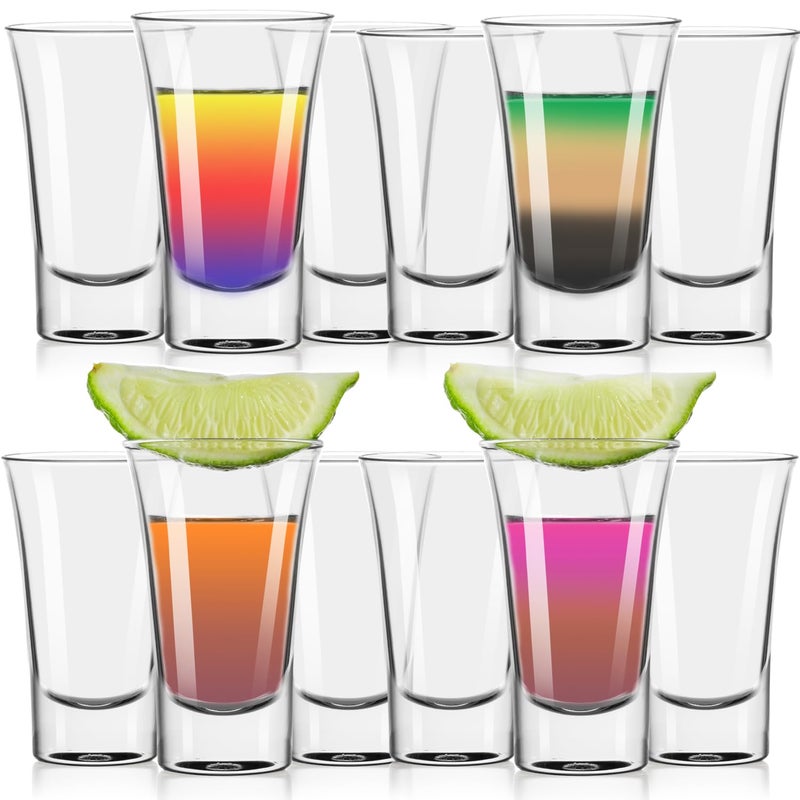 FLOW Barware 12x Shot Glasses Set  Clear Shot Glasses Set of 12  50ml Shot Glass with Heavy Base Shot Glass Set for Vodka Whisky Tequila Stackable